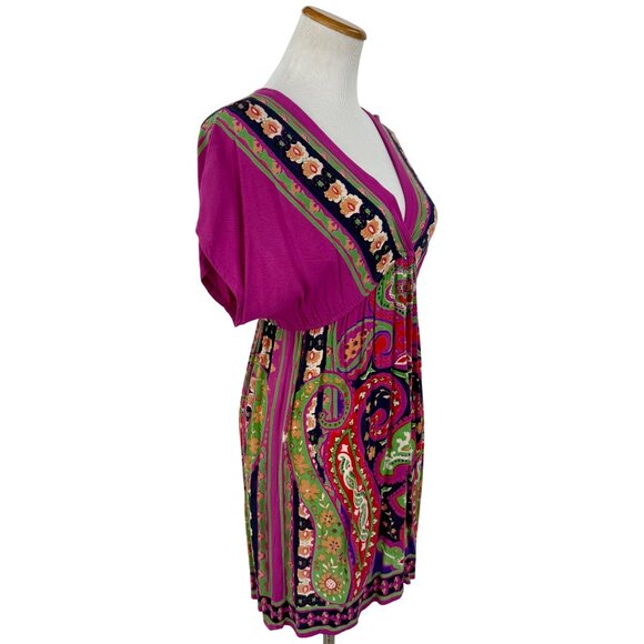 Vintage 90s Angie Multicolored Print Boho Rayon Casual Summer Mini Dress Tunic - Picture 5 of 16